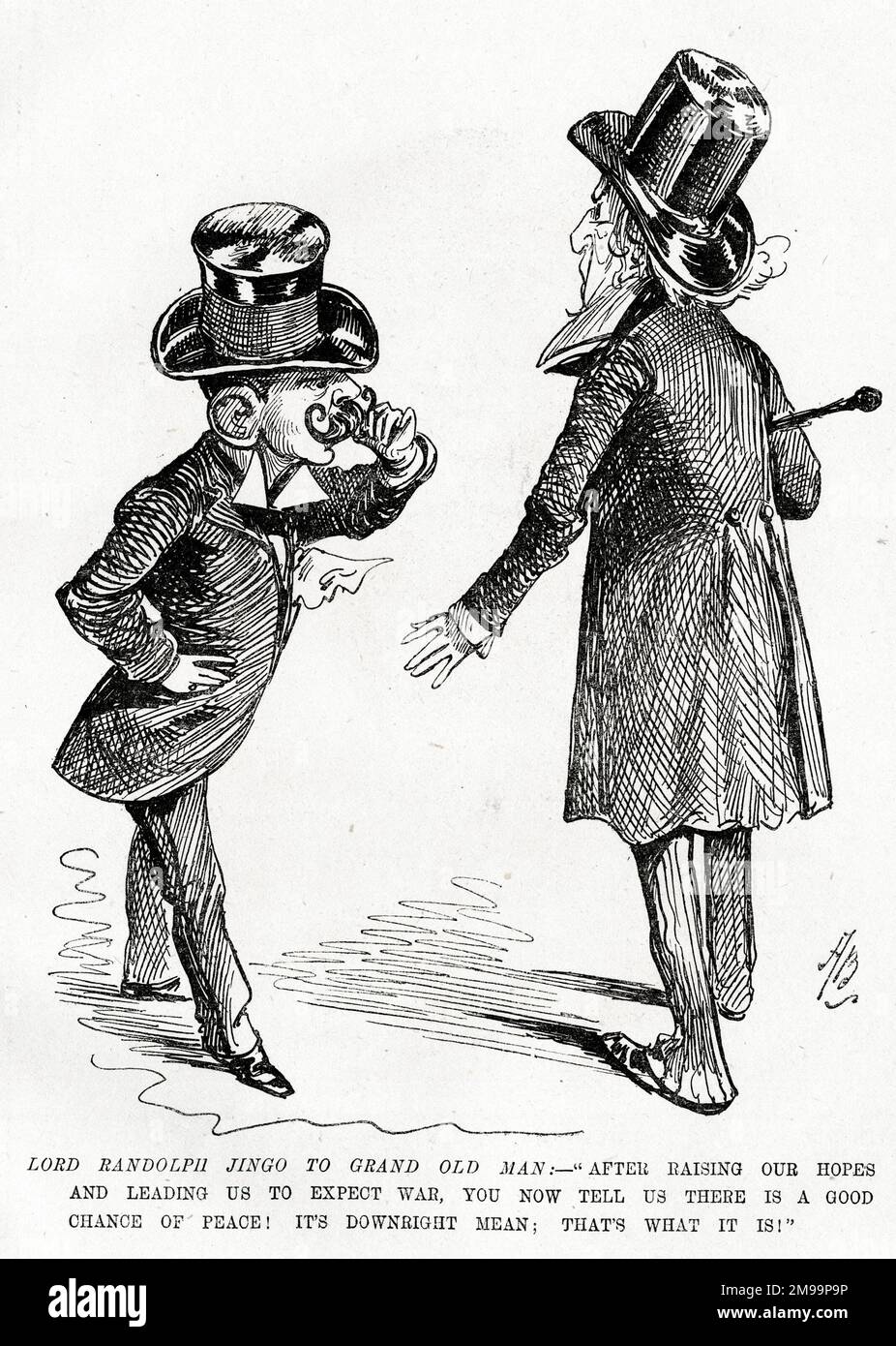 Cartoon, Randolph Churchill e Gladstone - dopo aver rialzato le nostre speranze e averci condotto ad aspettarci la guerra, ora ci dici che c'è una buona possibilità di pace; è vero, è quello che è! Foto Stock