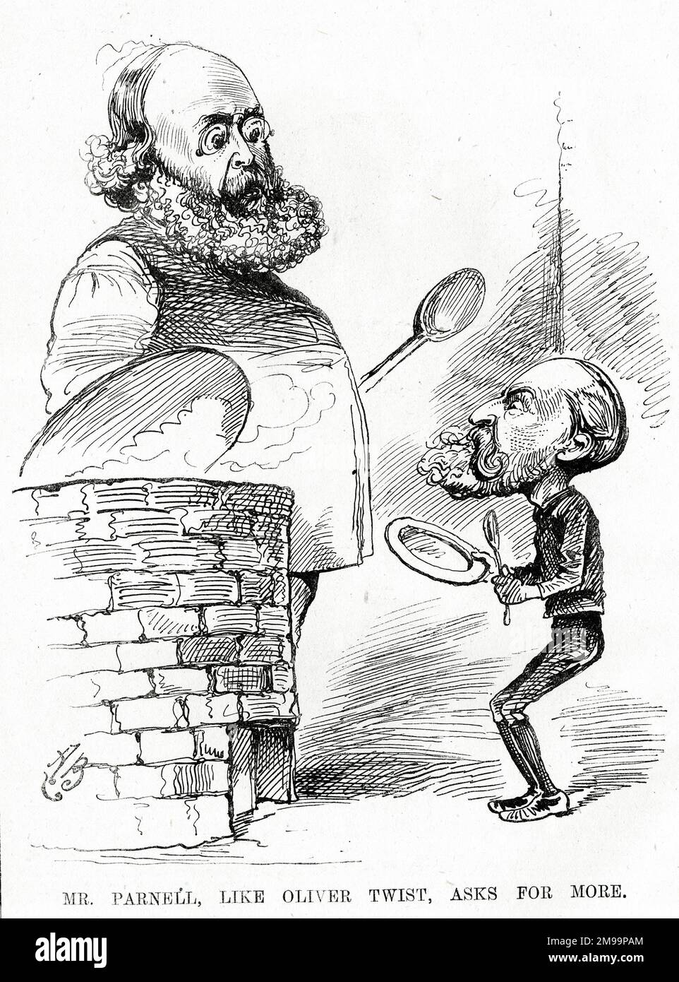 Cartoon, onorevole Parnell, come Oliver Twist, chiede di più. Lord Salisbury gioca la parte del Beadle, con una minestra sottile. Un commento sulla resistenza dei conservatori alla regola irlandese. Foto Stock