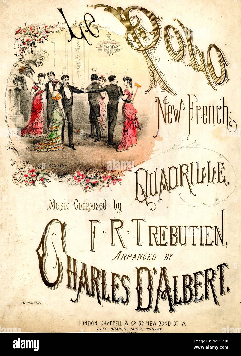 Copertina musicale, le Polo New French Quadrille, musiche di F R Trebutien, arrangiate da Charles D' Albert, con una partita di polo al coperto. Foto Stock