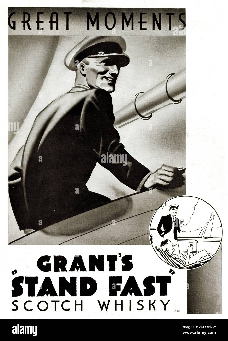 Pubblicità, grandi momenti, Grant's Stand Fast Scotch Whisky, raffigurante un uomo su uno yacht. Foto Stock