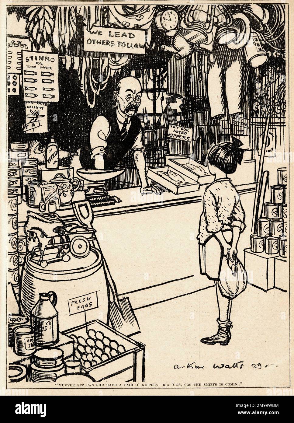 Cartone animato, ragazza al negozio del droghiere. Foto Stock