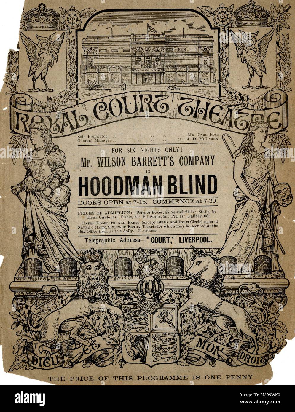 Copertura del programma, Royal Court Theatre, Liverpool, novembre 1885 -- MR Wilson Barrett's Company in Hoodman Blind, solo per sei notti. Foto Stock