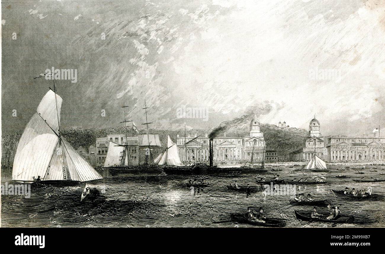 Incontro di vela sul Tamigi a Greenwich, Kent (se London) il 3 luglio 1838, con la Gazelle (a sinistra) che batte il sovrano reale. Foto Stock