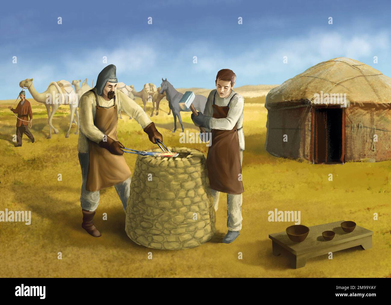 Due artigiani kazaki (fabbri) che modellano il metallo martellando. Sullo sfondo sono un yurta, cavalli, cammelli e cammello custode. Foto Stock