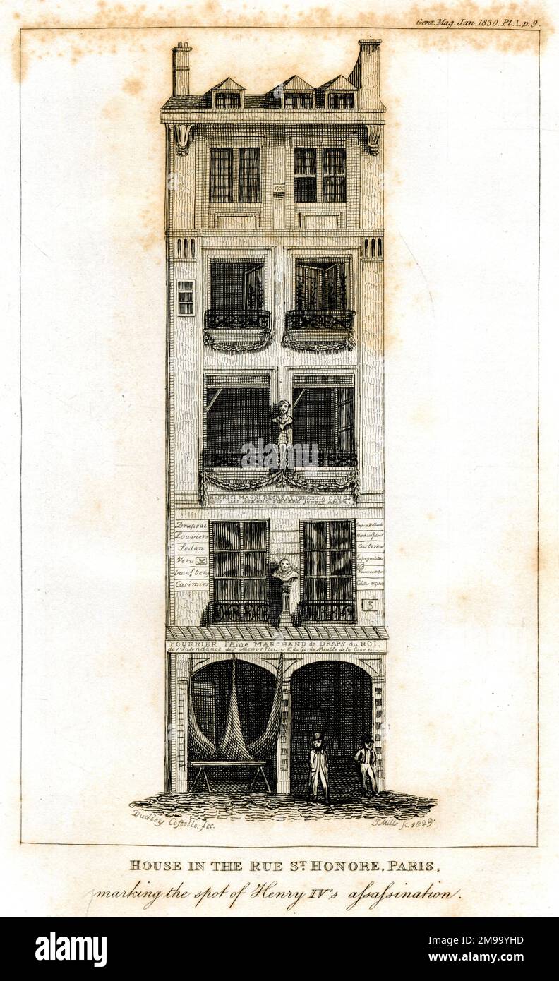 Casa, Rue St. Honore, Parigi luogo dove re francese Enrico IV assassinio - The Gentleman's Magazine Gennaio 1830 Foto Stock