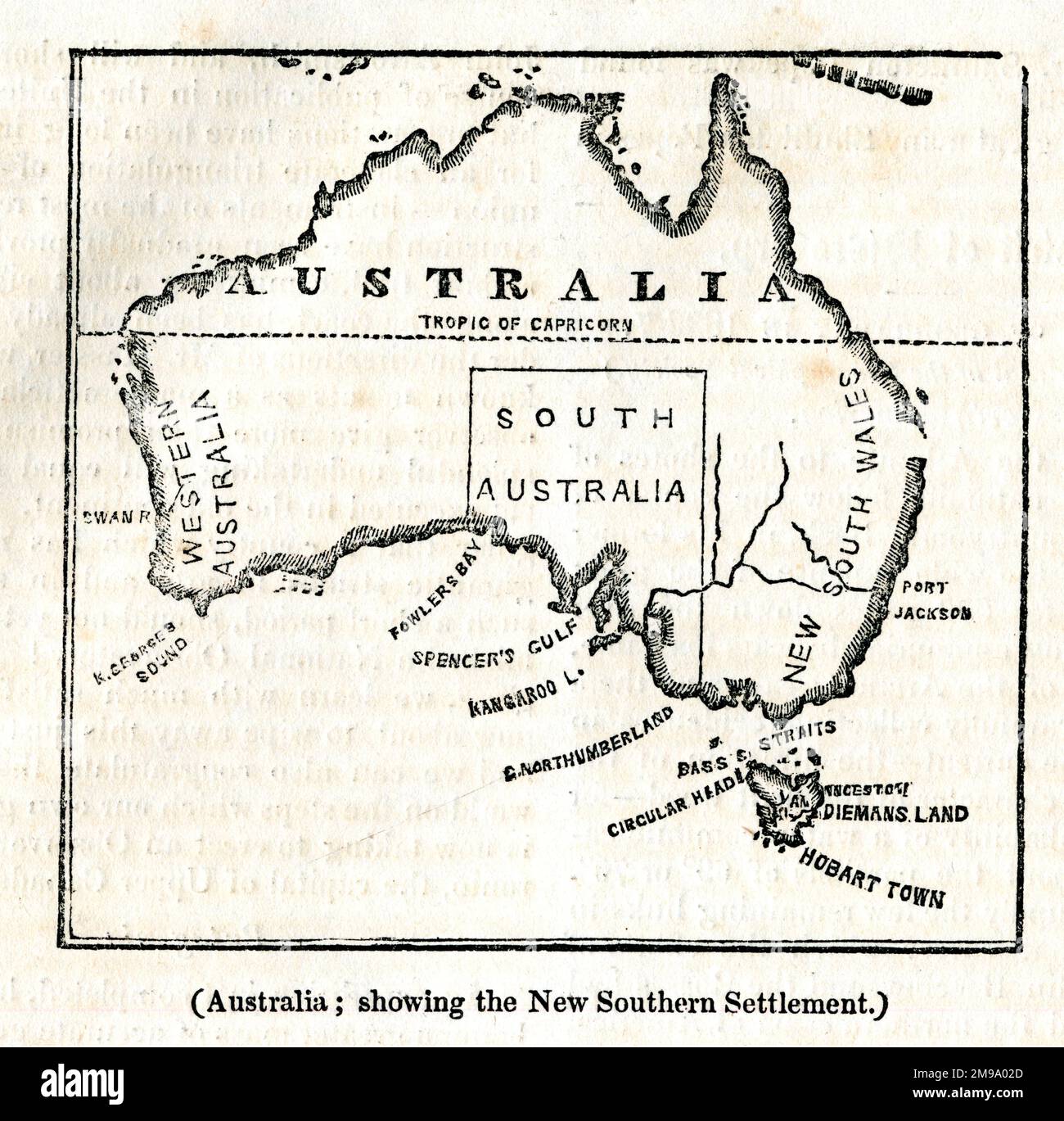 Mappa dell'Australia che mostra il nuovo insediamento meridionale. Foto Stock