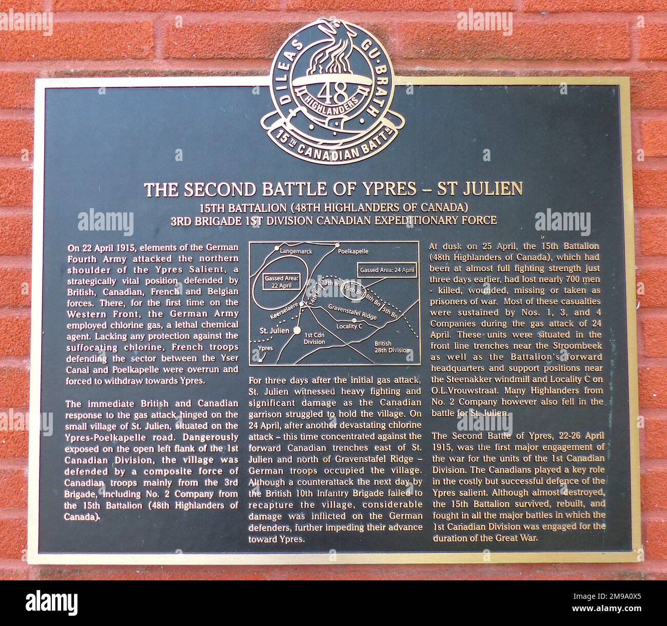 Targa a 15th BN, 48th possono Highlanders, gas Attack, St Juliaan Foto Stock