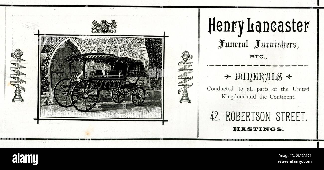 Pubblicità funeraria per Henry Lancaster, Hastings - Parsons' Hastings, St. Leonards illustrato 1881 Foto Stock