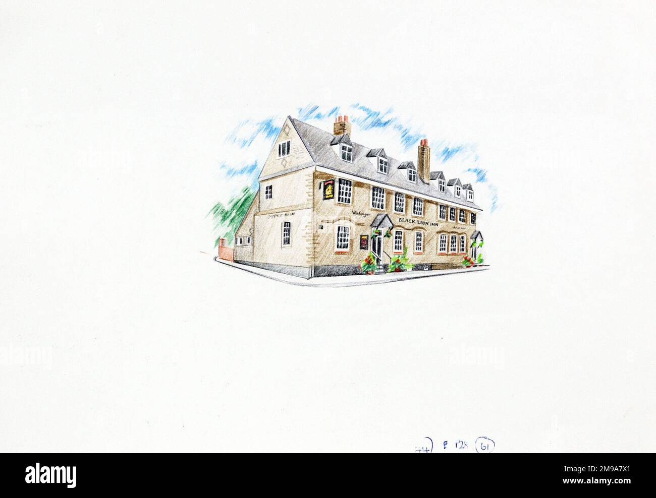Disegno di Black Lion Inn, St Albans, Hertfordshire. Il lato principale della stampa (mostrato qui) raffigura: Schizzo del pub. Il retro della stampa (disponibile su richiesta) dettagli: Niente per il Black Lion Inn, St Albans, Hertfordshire AL3 4SB. A partire da luglio 2018 . Pub chiuso in modo permanente. Hotel iconici Ltd Foto Stock