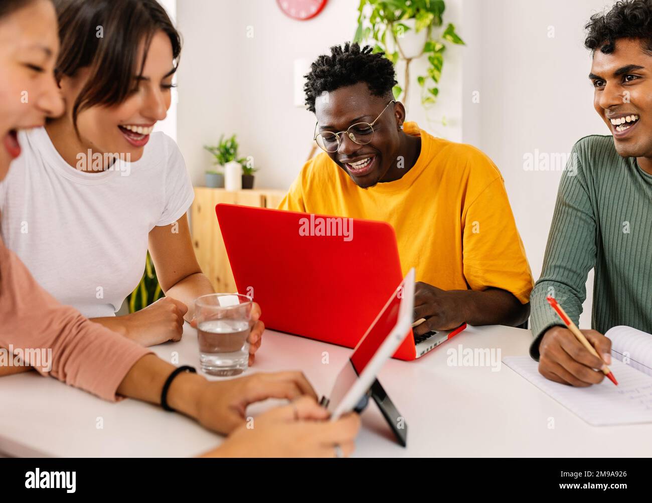 Un giovane gruppo di studenti universitari che lavorano insieme utilizzando il computer portatile a casa Foto Stock