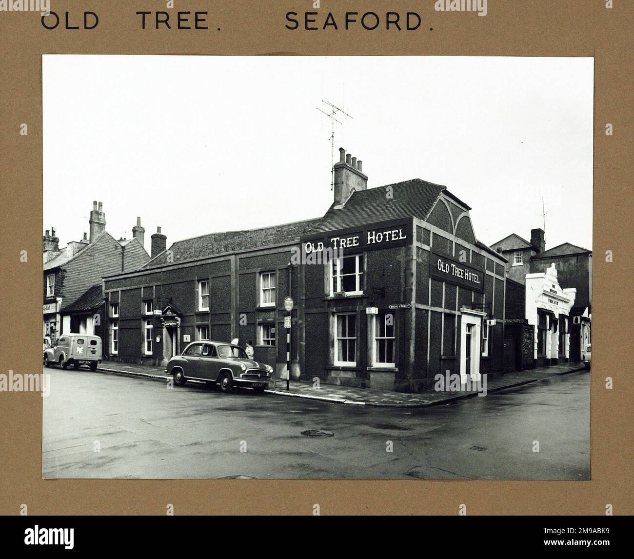 Fotografia di Old Tree Hotel, Seaford, Sussex. Il lato principale della stampa (mostrato qui) raffigura: Angolo sulla vista del pub. Il retro della stampa (disponibile su richiesta) dettagli: Niente per The Old Tree Hotel, Seaford, Sussex BN25 1PL. A partire da luglio 2018 . Demolito . Ora il sito del negozio Clearwell Mobility Foto Stock
