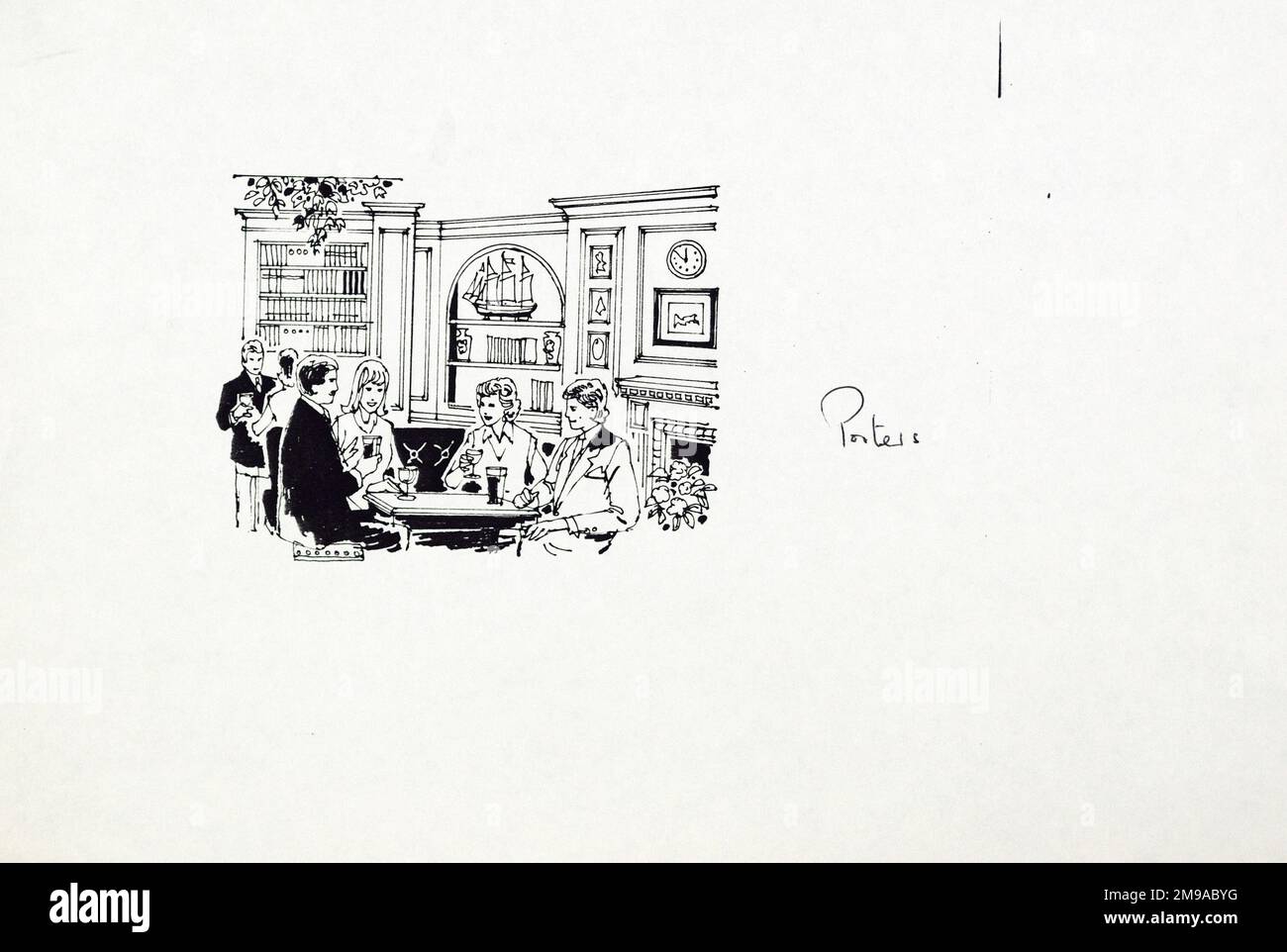 Schizzo di Porters Lodge PH, City, Londra. Il lato principale della stampa (mostrato qui) raffigura: Schizzo del pub. Il retro della stampa (disponibile su richiesta) dettagli: Niente per il Porters Lodge, City, London EC4R 9AY. A partire da luglio 2018 . Richiesta di pianificazione concessa nel 2011 per demolire e sostituire con blocco ufficio. Foto Stock