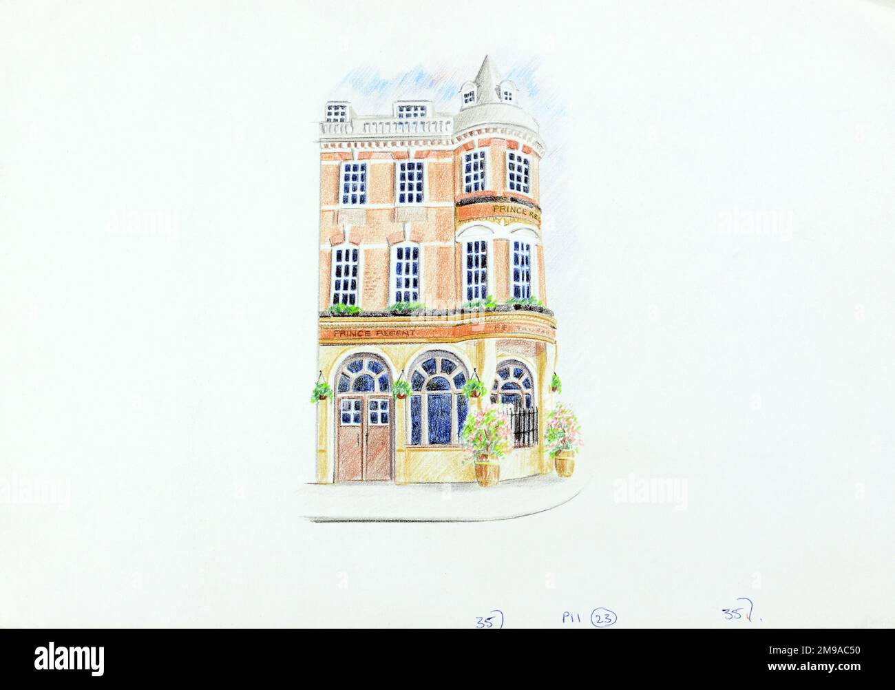 Schizzo del Principe Regent PH, Marylebone, Londra. Il lato principale della stampa (mostrato qui) raffigura: Schizzo del pub. Il retro della stampa (disponibile su richiesta) dettagli: Niente per il Principe Regent, Marylebone, Londra W1U 5JN. A partire da luglio 2018 . Castello (Mitchells & Butlers) Foto Stock