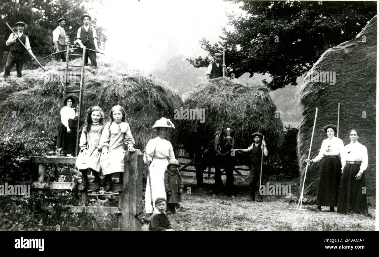 Draycott, villaggio di Cotswold, Oldborough Farm, gruppo di famiglia Hodgkins, portando il raccolto prima del 1915. Foto Stock