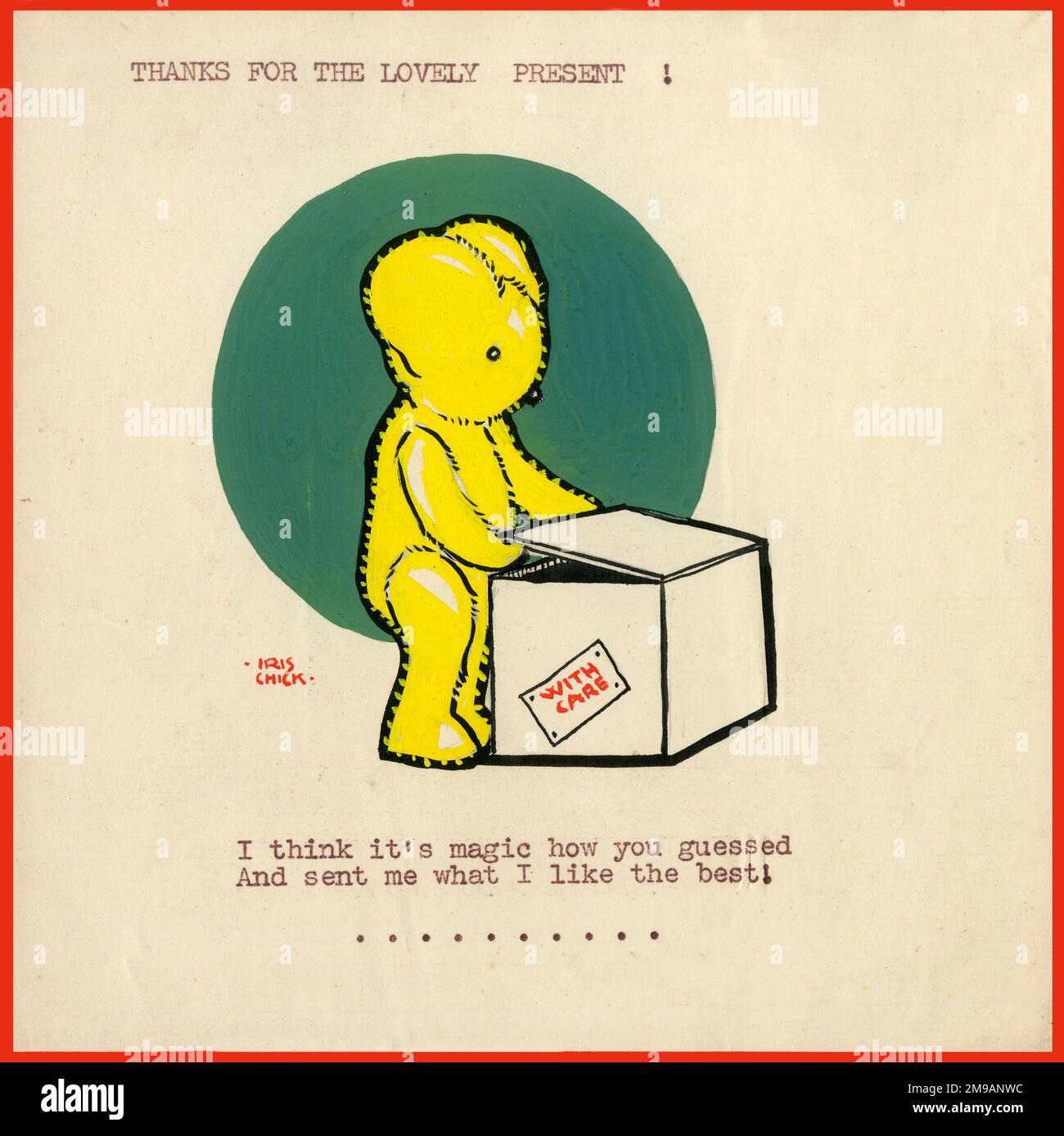 Illustrazione originale - Design per una scheda di ringraziamento - orsacchiotto apre una grande scatola per trovare 'quello che mi piace il meglio'. Foto Stock