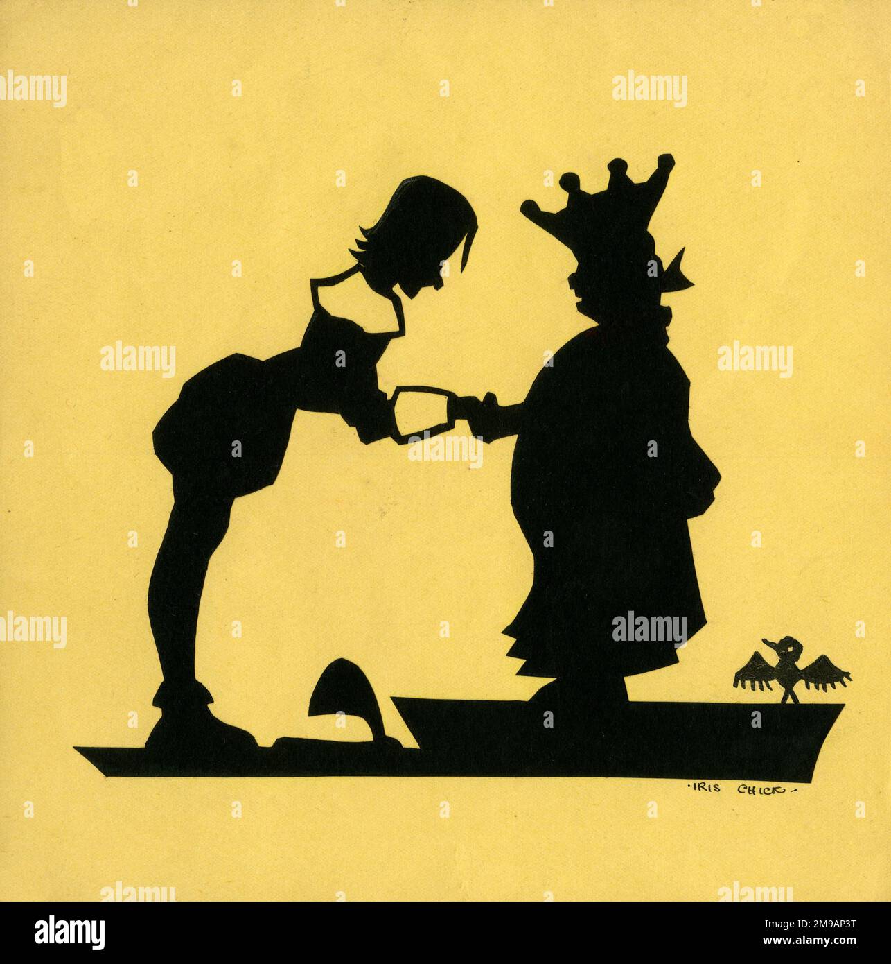 Illustrazione originale - illustrazione di silhouette ritagliata per un libro originale di Iris Chick chiamato The Gummys - MR Gummy che scuote le mani con e si inchinava al Re. Foto Stock