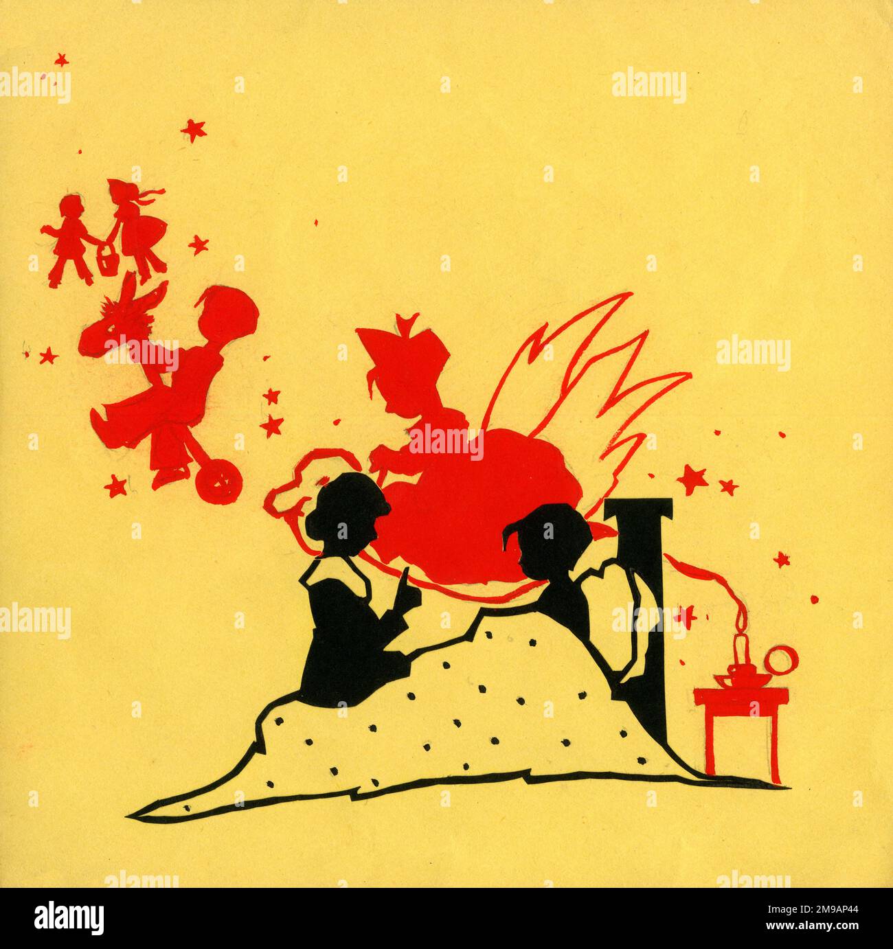 Illustrazione originale - illustrazione della silhouette ritagliata per un libro originale di Iris Chick chiamato The Gummys - storie fantasy di bedtime lette ad un ragazzino da sua madre. Foto Stock