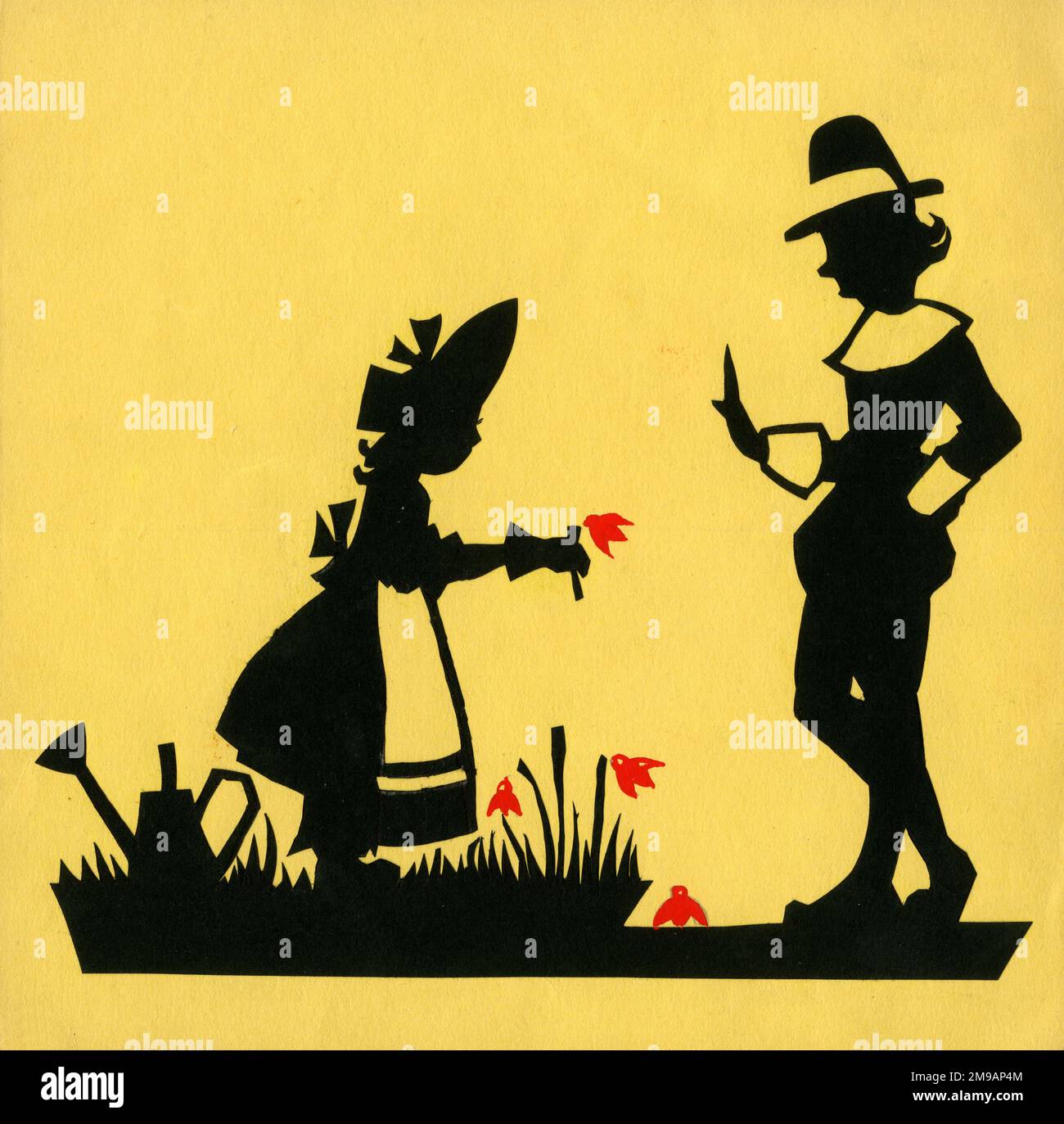 Illustrazione originale - illustrazione della silhouette ritagliata per un libro originale di Iris Chick chiamato The Gummys - ragazza che offre un fiore al signor Gummy. Foto Stock