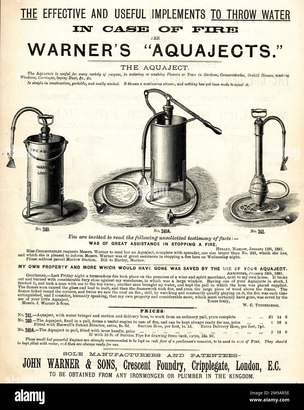 Pubblicità opuscolo pubblicitario, Warner's Aquajects, attrezzature antincendio, estintori Foto Stock