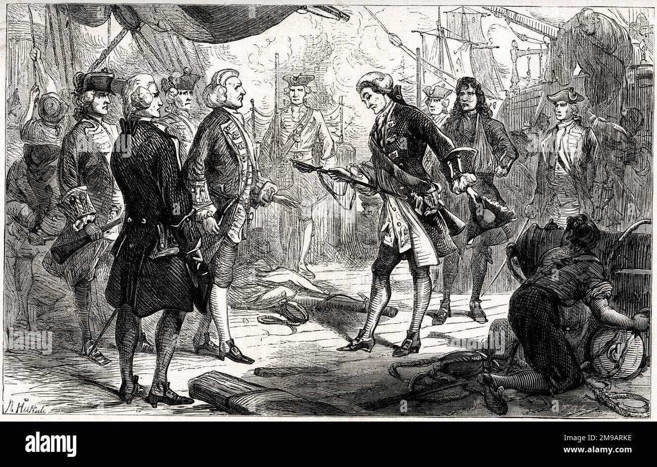 Il Chevalier de Saint-George della nave invincibile cede la spada all'ammiraglio Anson dopo la prima battaglia di Capo Finisterre tra Gran Bretagna e Francia, 14 maggio 1747, durante la guerra di successione austriaca (1740-1748). Foto Stock