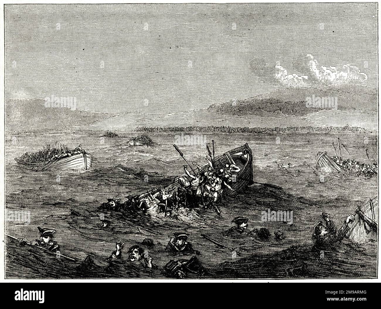Disastro nella baia di Saint Cast, Bretagna, nord-ovest della Francia, 11 settembre 1758, durante la battaglia di Saint Cast, sette anni di guerra (1756-1763). Barche piene di soldati britannici furono sparate e affondate. Foto Stock