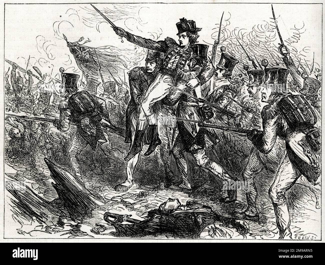 Il tenente colonnello George Smyth e il reggimento del piede del 20th, Battaglia di Krabbendam, 10 settembre 1799, durante l'invasione anglo-russa dell'Olanda. Nonostante il sangue versato dalla gamba ferita, chiese ai suoi soldati di sostenerlo in modo che potesse continuare a combattere. Foto Stock Il tenente colonnello George Smyth e il reggimento del piede del 20th, Battaglia di Krabbendam, 10 settembre 1799, durante l'invasione anglo-russa dell'Olanda. Nonostante il sangue versato dalla gamba ferita, chiese ai suoi soldati di sostenerlo in modo che potesse continuare a combattere. Foto Stock