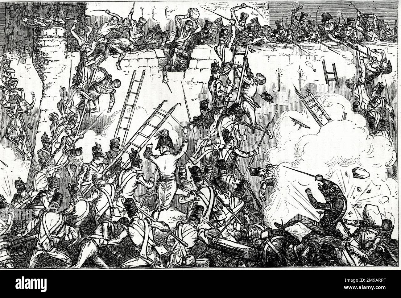 Storming di Badajoz verso la fine dell'assedio di Badajoz, Estremadura, Spagna, 6 aprile 1812, da parte delle forze anglo-portoghesi di Wellington contro i francesi, parte della guerra Peninsulare (1807-1814). Le scale erano usate per raggiungere la cima del muro, e molte vite sono state perse con attacchi dall'alto. Foto Stock