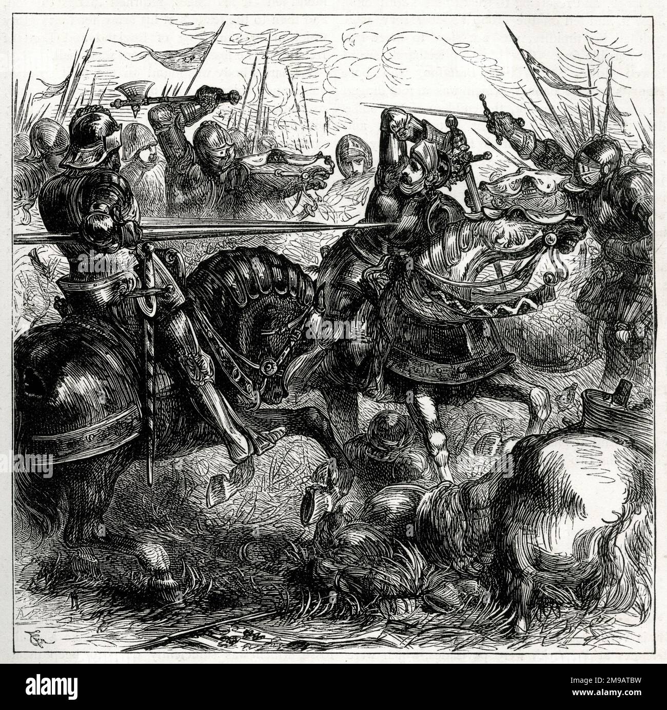 Re Riccardo III nella Battaglia di Bosworth, presso Leicester, 22 agosto 1485, verso la fine delle guerre delle rose (1455-1487). Foto Stock