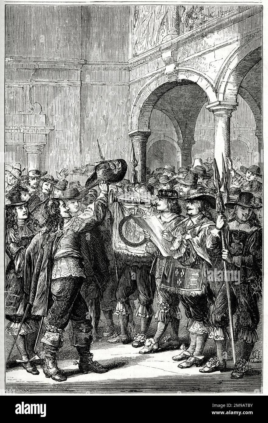 Proclamazione della guerra navale con l'Olanda prima della Royal Exchange, City of London, 4 marzo 1665. Foto Stock