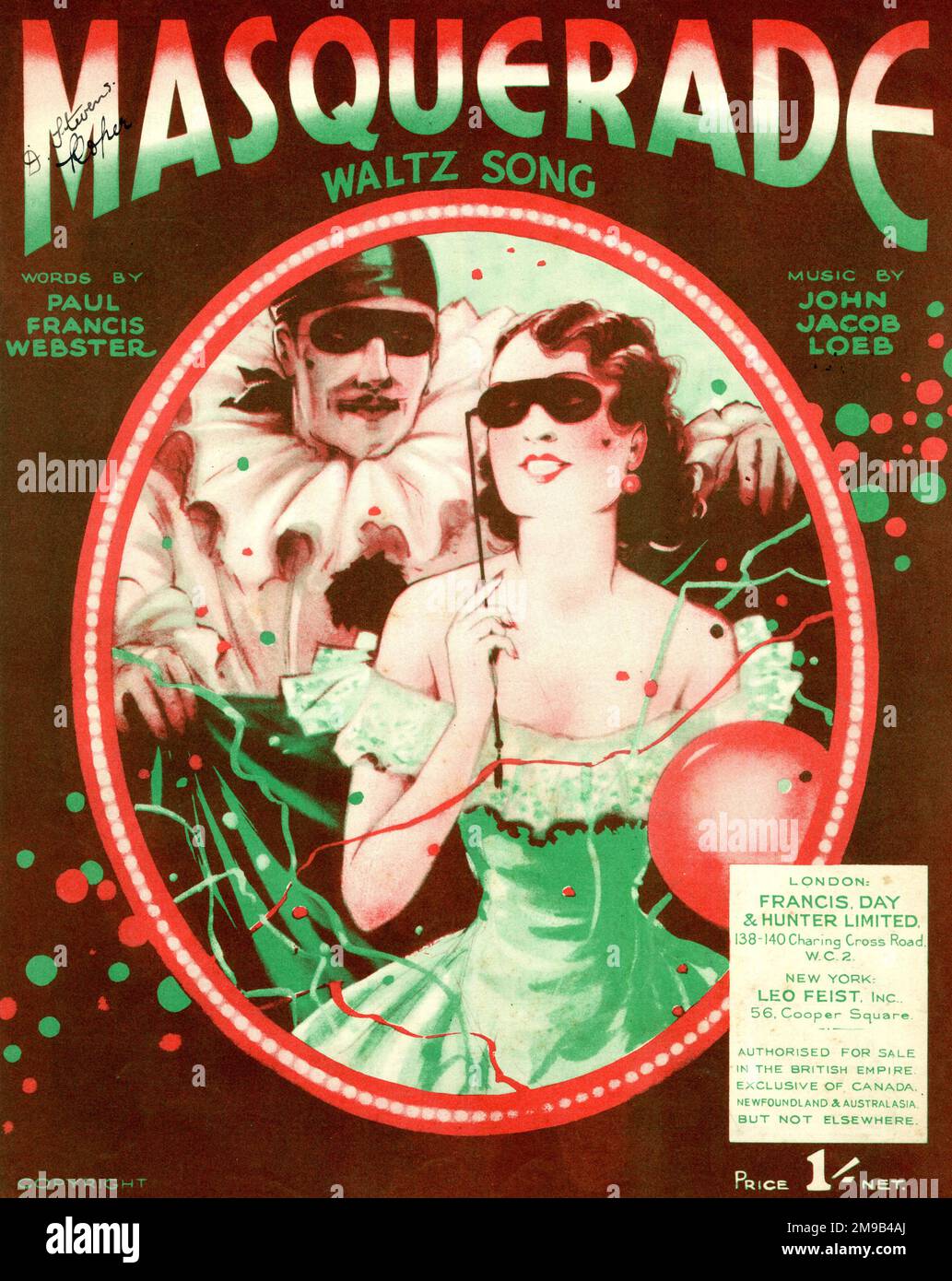 Copertina musicale, Masquerade, canto valzer, parole di Paul Francis Webster, musica di John Jacob Loeb. Foto Stock
