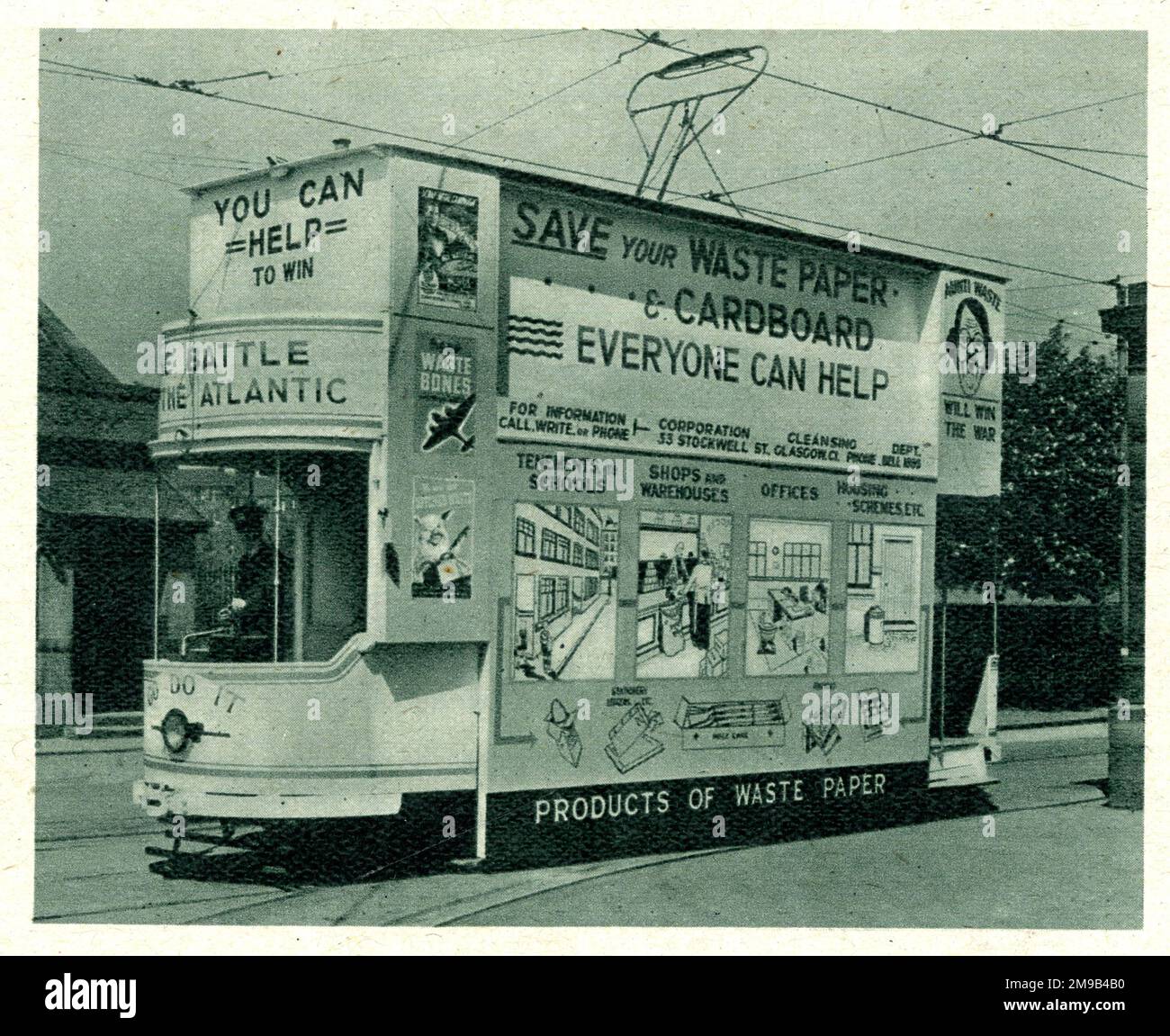 Campagna pubblicitaria del tram di Glasgow - potete contribuire a vincere, conservare la vostra carta e cartone di spreco, tutto può aiutare, WW2 Foto Stock