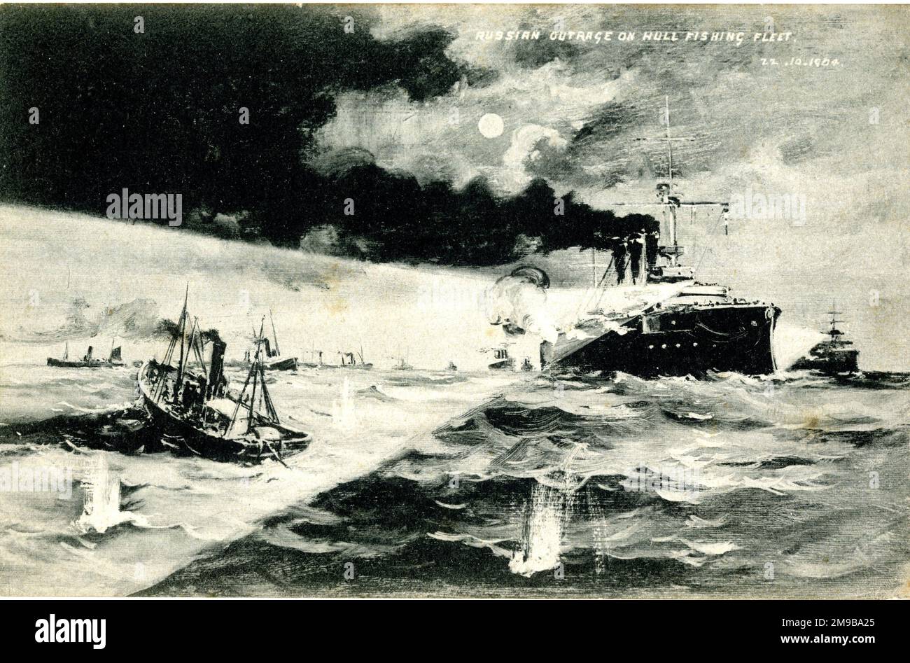 Outrage russo sulla flotta da pesca Hull, 22 ottobre 1904 - incidente della Dogger Bank, quando le navi della marina russa hanno scambiato una flotta britannica di pescherecci da traino nel Mare del Nord per imbarcazioni della Marina giapponese siluro e hanno sparato contro di loro, causando morti e feriti. L'incidente ha quasi portato alla guerra. Foto Stock