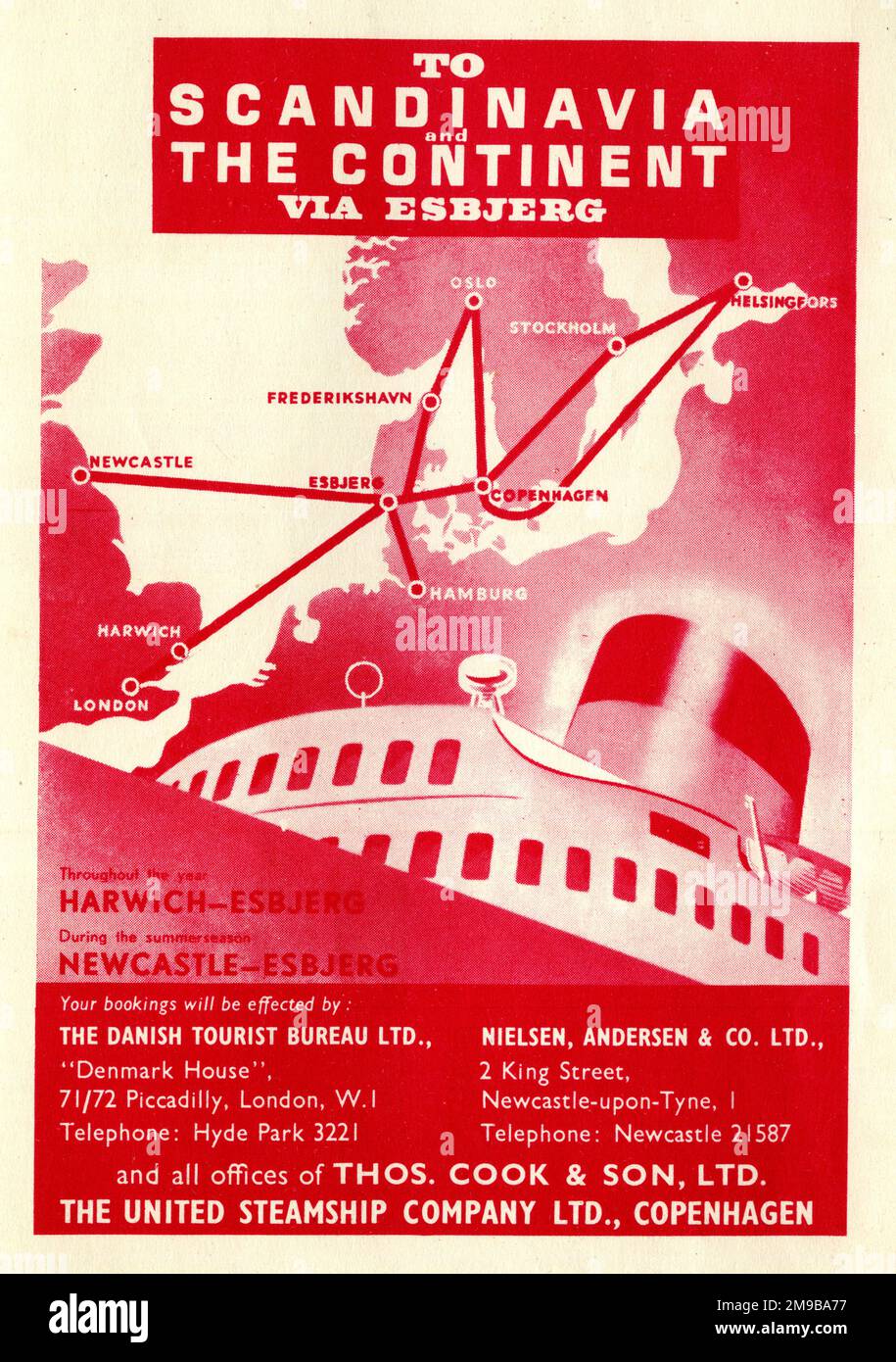 Advert, The United Steamship Company, Copenhagen - verso la Scandinavia e il continente via Esbjerg Foto Stock