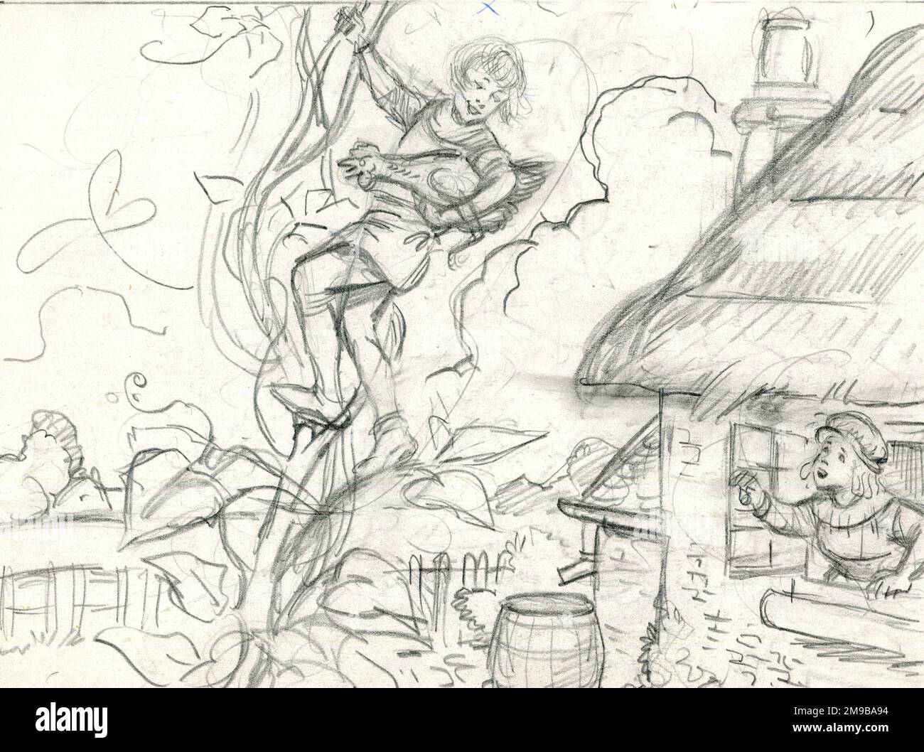 Jack and the Beanstalk - disegno preliminare a matita originale per il libro per bambini di un artista sconosciuto Foto Stock