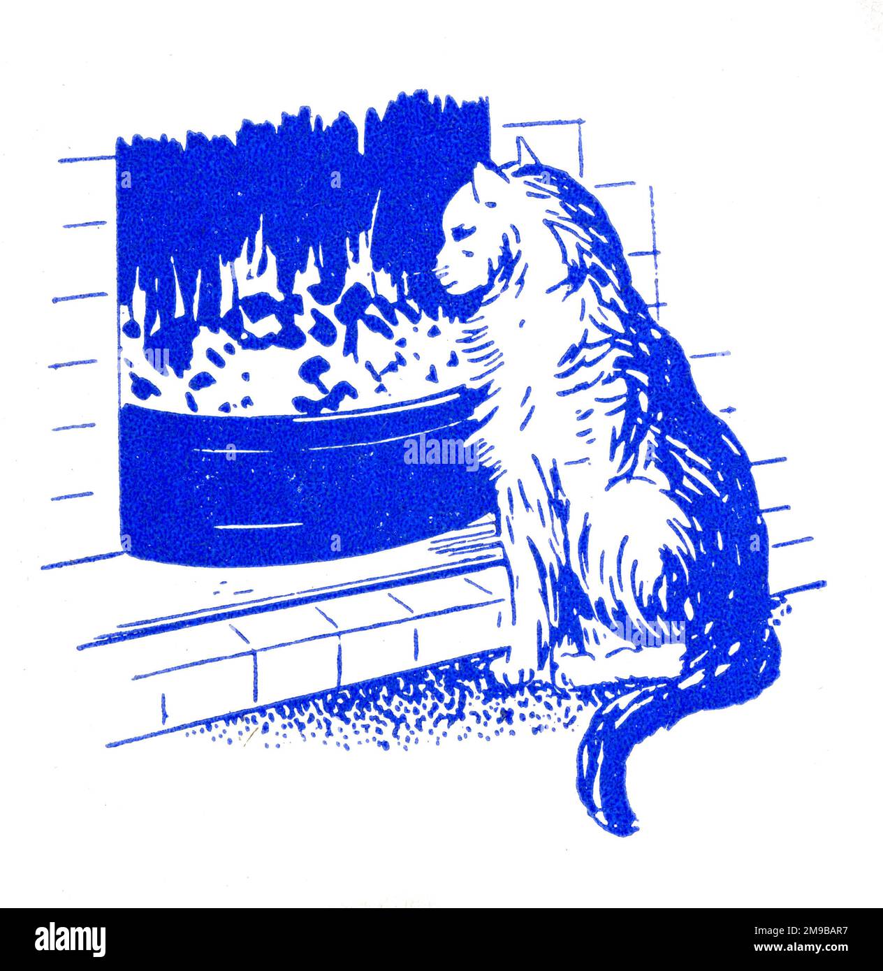 Cat by a Fire - 1950s blocco stampante Foto Stock