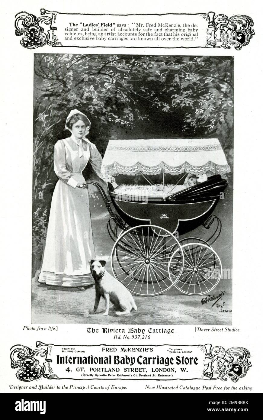 Advert, The Riviera Baby Carriage, Great Portland Street, Londra Foto Stock
