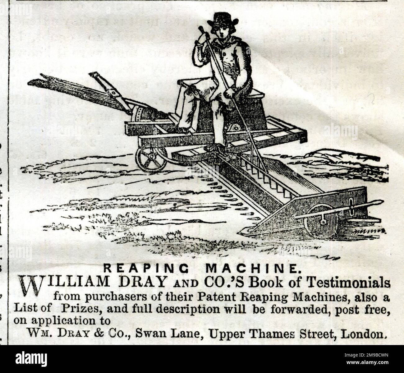 Advert, William Dray and Co, Upper Thames Street, Londra, Patent Reaping Machine Foto Stock
