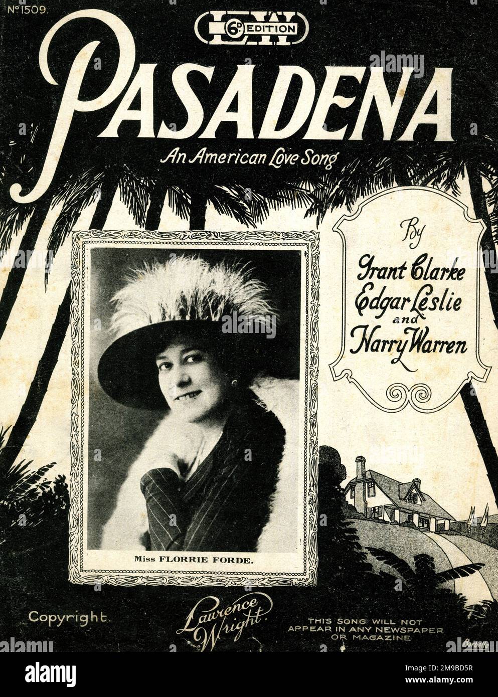 Copertina musicale, Pasadena, una canzone d'amore americana, di Grant Clarke, Edgar Leslie e Harry Warren, cantata da Miss Florrie Forde Foto Stock