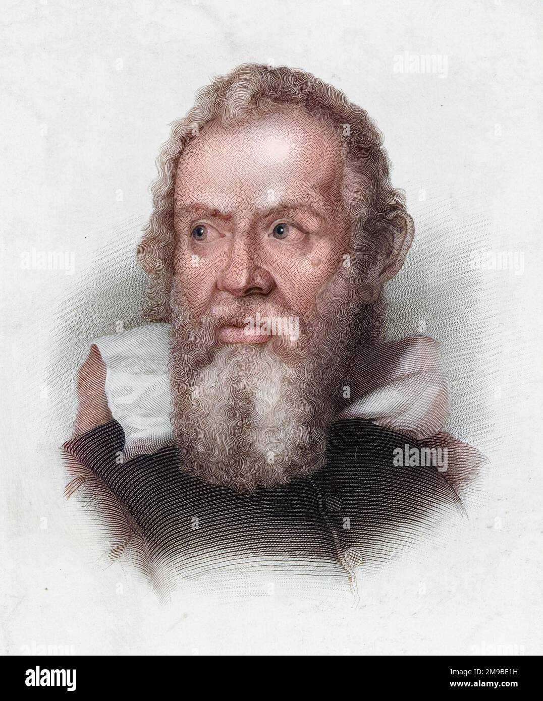 Galileo Galilei (1564-1642), il fisico italiano, matematico, astronomo e filosofo. Egli ha avuto difficoltà con la chiesa oltre la sua affermazione che il sole e non la terra, è al centro dell'universo. Foto Stock