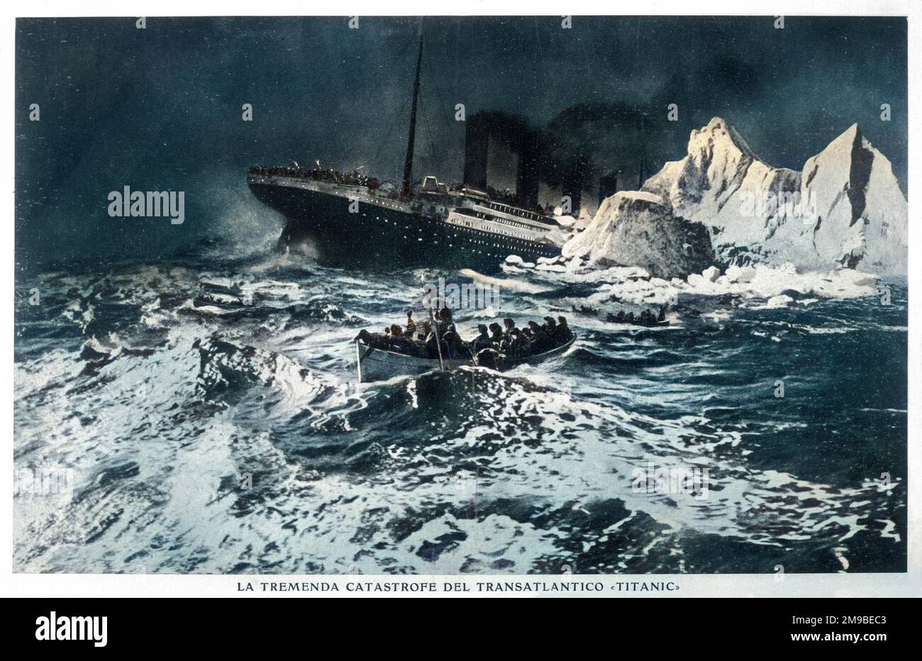 Illustrazione del relitto e dei sopravvissuti in scialuppa di salvataggio. Foto Stock