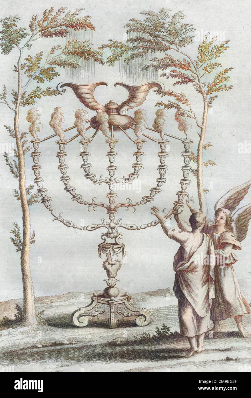 Oggetti cerimoniali : il CANDELABRO D'ORO (Menorah) con sette rami, usato  nel Tempio di Gerusalemme, è mostrato al profeta Zaccaria da un angelo Foto  stock - Alamy