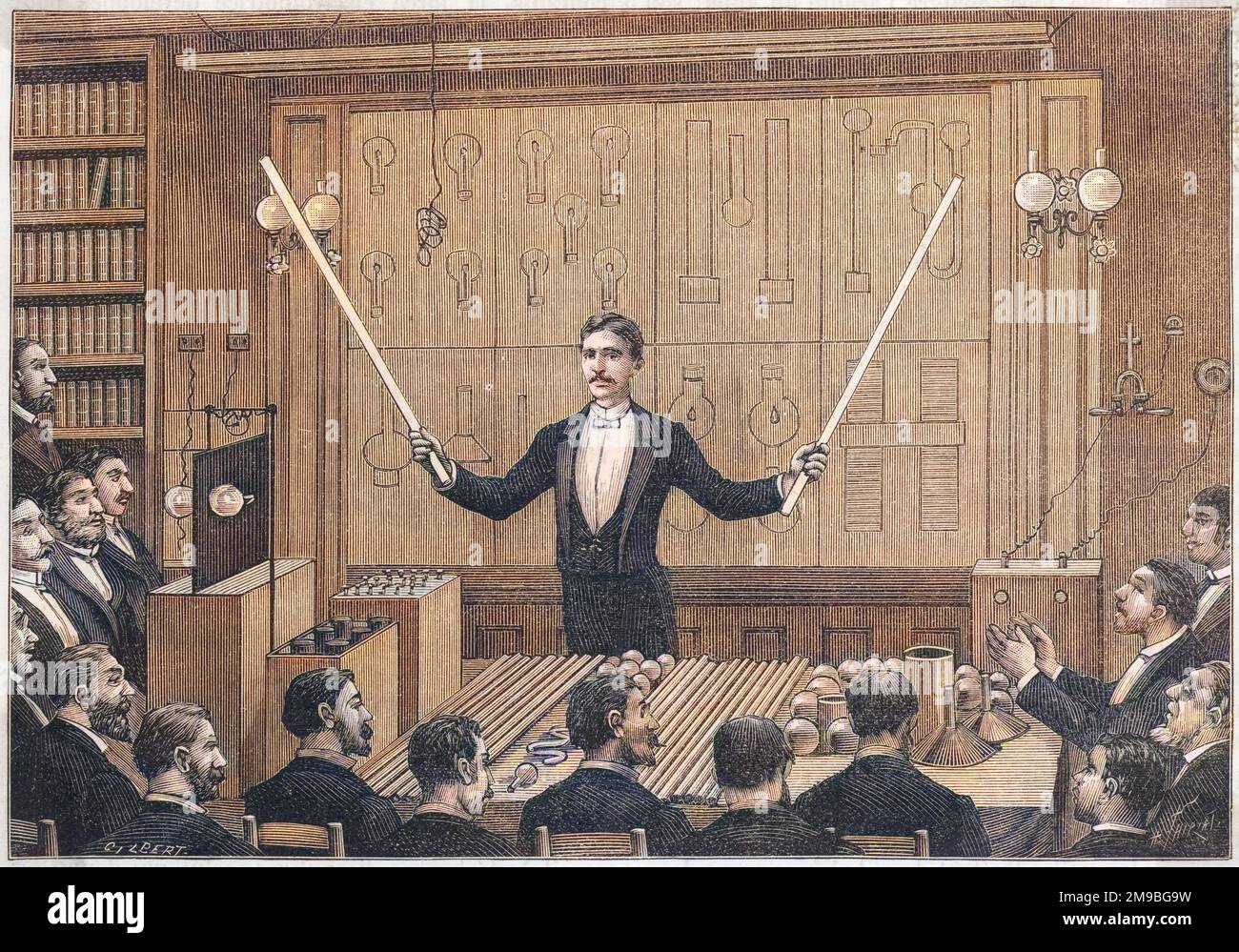 Nikola Tesla tiene conferenze sul tema della corrente alternata ad alta frequenza alla Societe de physique e alla Societe Internationale des electriciens, a Parigi Foto Stock