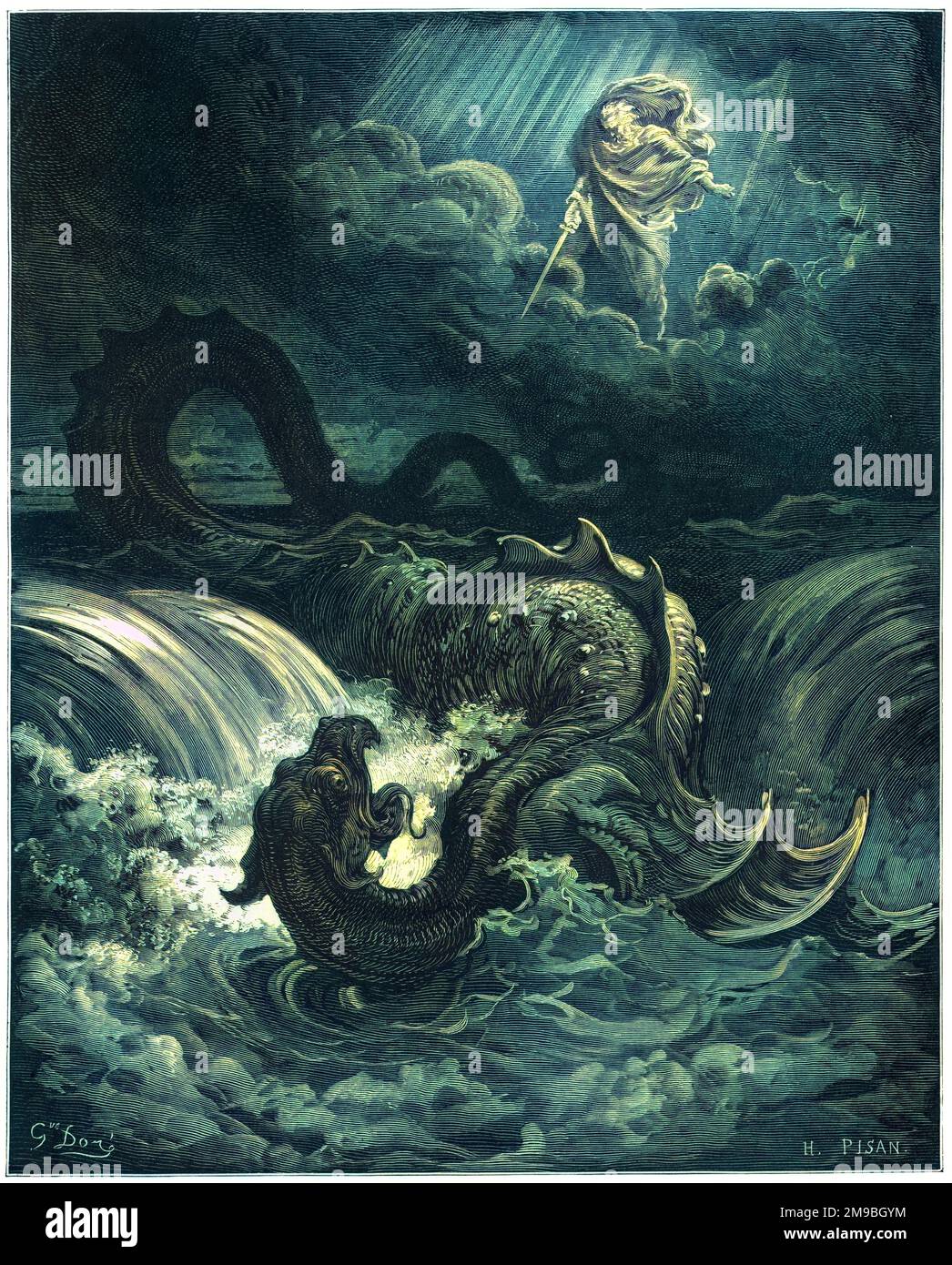 L'interpretazione di Dore del combattimento tra Dio e il drago marittimo Leviathan che avrà luogo negli ultimi tempi, come descritto da Isaia Foto Stock