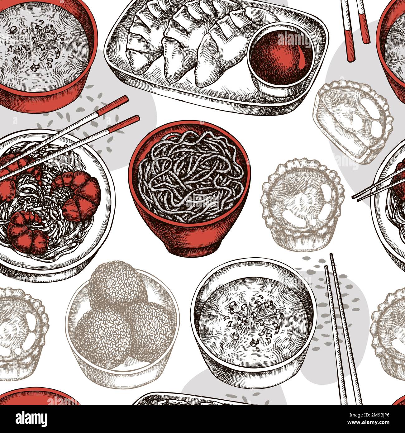 Cibo asiatico senza cuciture modello di sfondo design. Stile inciso. Jiaozi, jian dui, crostata d'uovo, tagliatelle di gamberetti, zuppa d'uovo, ciotola di tagliatelle. Illustrazione Vettoriale