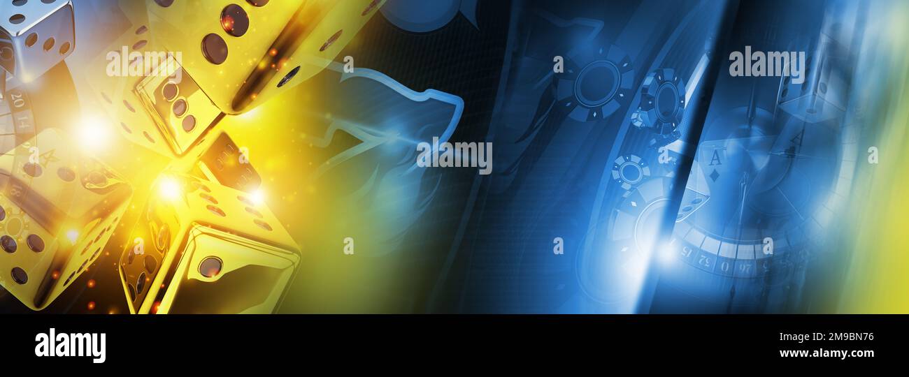 Casino Online Gaming Banner sfondo giallo blu. Gioco di dadi, slot machine Roulette e Blackjack Cards concetto. 3D Illustrazione rappresentata. Foto Stock