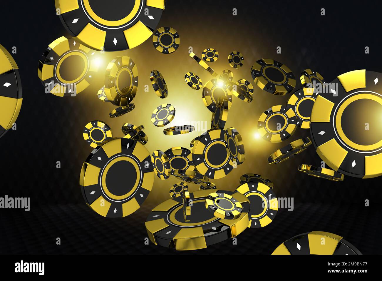 Golden Black Casino Game Tokens Blow Conceptual 3D Illustrazione resa Foto Stock
