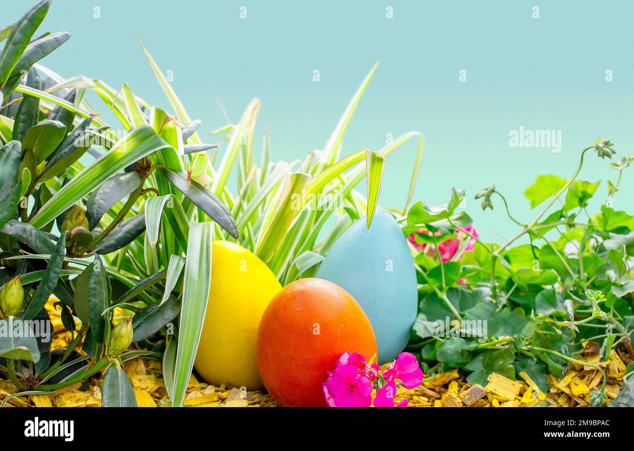 Tre grandi uova di legno multicolore giacciono su un letto di fiori, tra fiori ed erba. Foto Stock