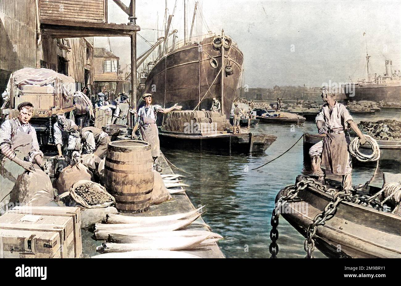 Vari carichi arrivano a riva presso i London Docks, nell'East End di Londra. Le zusche, le botti, le scatole e le casse degli elefanti vengono scaricate dagli accendini muti (chiatte senza motore) sul molo per essere trasferite all'autocarro o al magazzino. Gli accendini sono stati utilizzati per trasportare carichi tra nave e riva e sono stati così chiamati a causa del loro evidente effetto sulle navi di scarico. Foto Stock