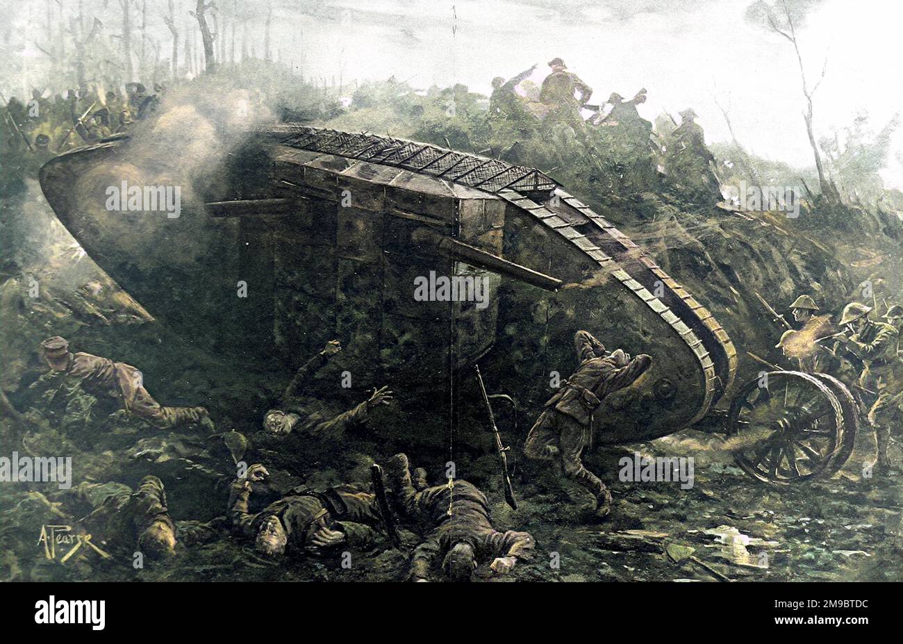 British Tank, probabilmente un Mark V 'maschio', che conduce un attacco alle posizioni tedesche, da qualche parte sul fronte occidentale. Il carro armato sta avanzando verso la posizione tedesca a sinistra dell’immagine, con la fanteria britannica (estrema destra) che segue. Foto Stock