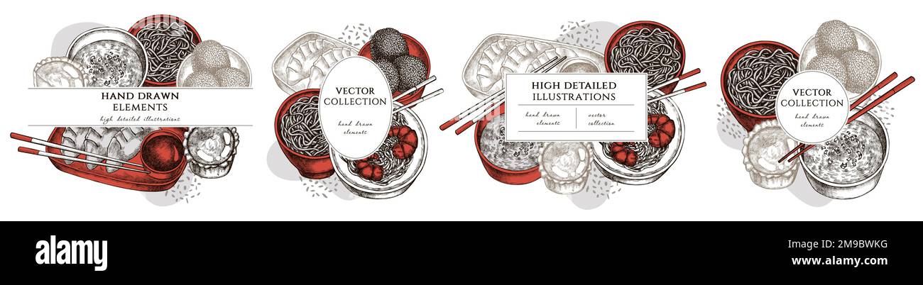 Template di cornice disegnati a mano per alimenti asiatici. Illustrazioni vintage di jiaozi, jian dui, crostata d'uovo, tagliatelle con gamberi, zuppa d'uovo, ciotola di tagliatelle. Illustrazione Vettoriale